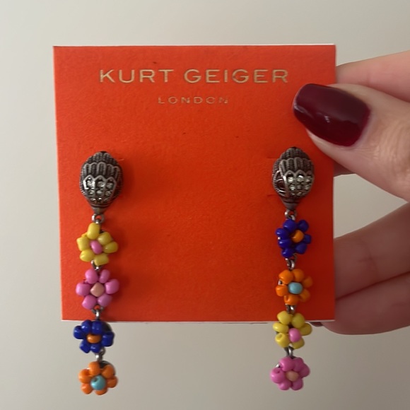 Kurt Geiger London Beaded Colorful Flower Drop Dangly Silver Eagle Head Earrings - Picture 10 of 11